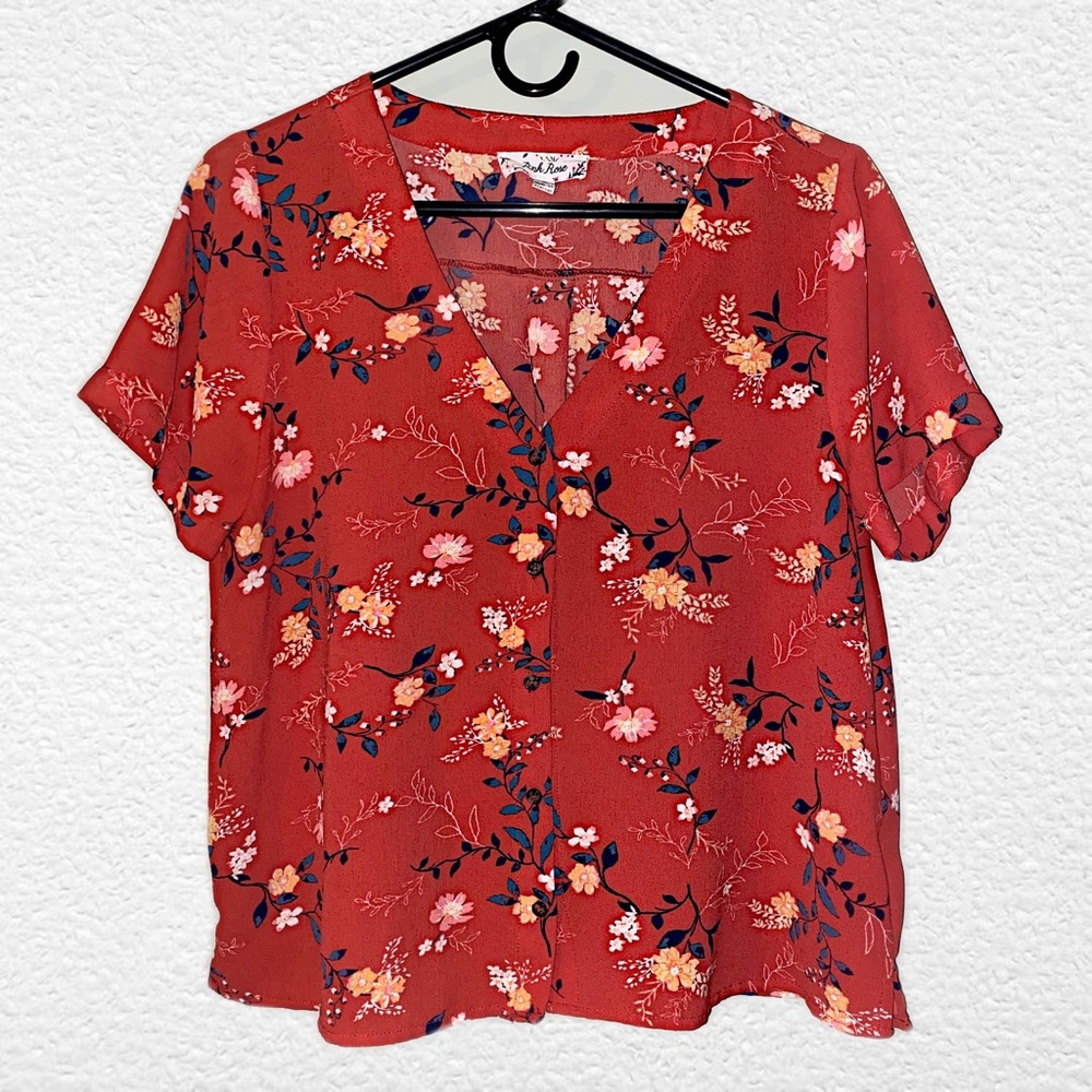Pink Rose Button Up V Neck Short Sleeve Blouse